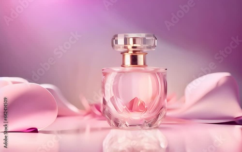 perfume bottle and pink silk ribbons, beauty fragrance advertising background
