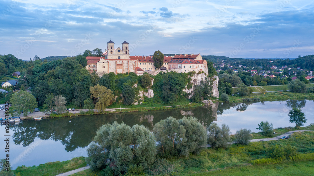 View from the drone of the Tyniec Abbey and the Vistula River. Poland