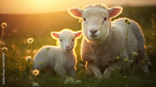 Lamb and her mother sheep on the meadow on a sunset view. AI generated image
