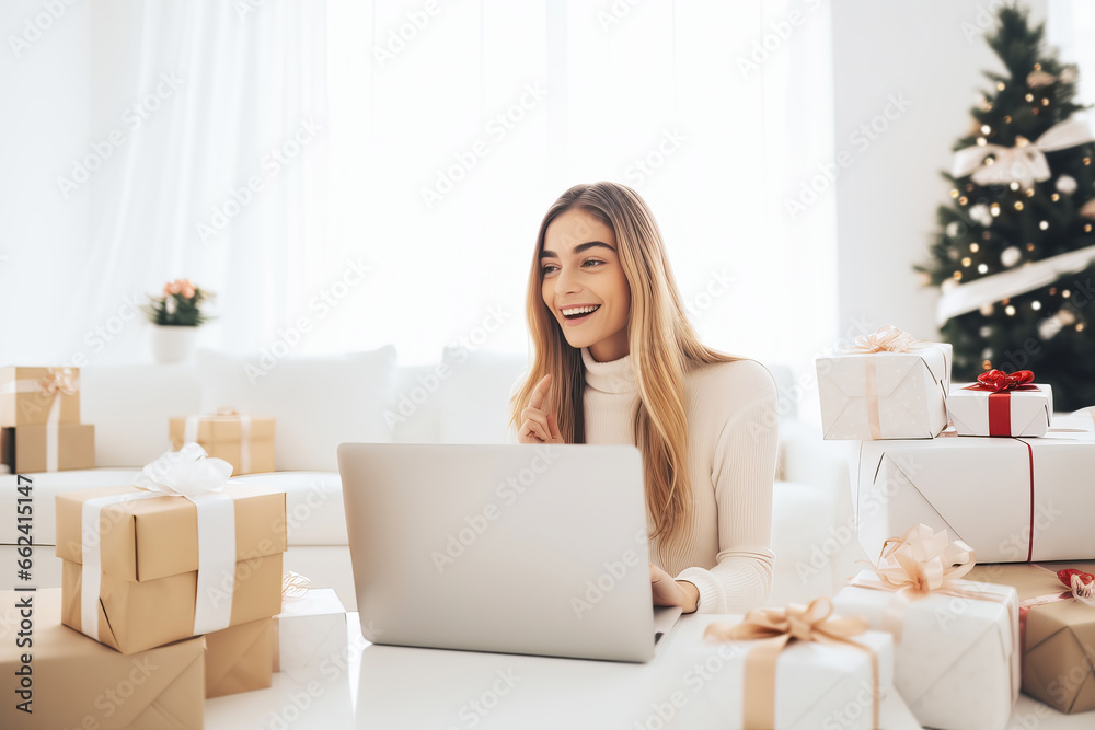 Attractive blonde woman doing Christmas shopping online at tablet from home Attractive blonde woman doing Christmas shopping online at tablet from home