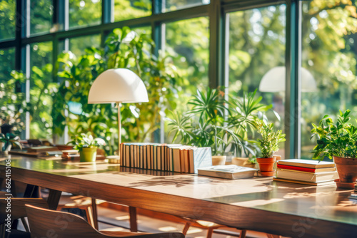 Cozy sustainable interior of library or bookstore cafe with wooden table with books and lamps near big window with beautiful garden landscape. Librarian core trend