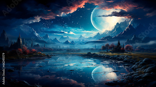 fantasy landscape with a beautiful lake and a moon  illustration