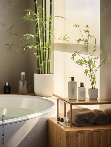 Feng Shui bathroom, minimalistic, earth tones, bamboo elements, well - arranged toiletries, natural light filtered through frosted glass, ambient spa - like lighting