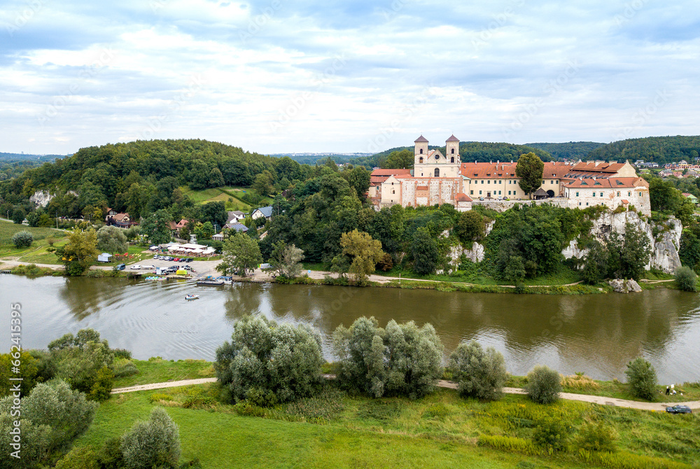 View from the drone of the Tyniec Abbey and the Vistula River. Poland View from the drone of the Tyniec Abbey and the Vistula River. Poland