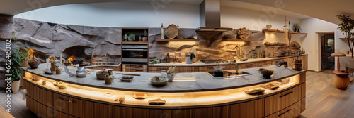 Feng Shui kitchen, natural stone countertops, earth and fire elements balanced, white cabinets, stainless steel accents, warm LED lighting, wooden bowls © Marco Attano