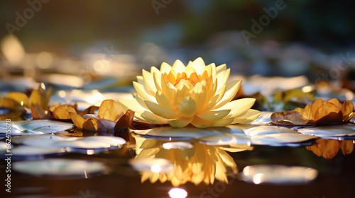 Golden Lotus flower floating on water  vibrant reflection  Zen garden background