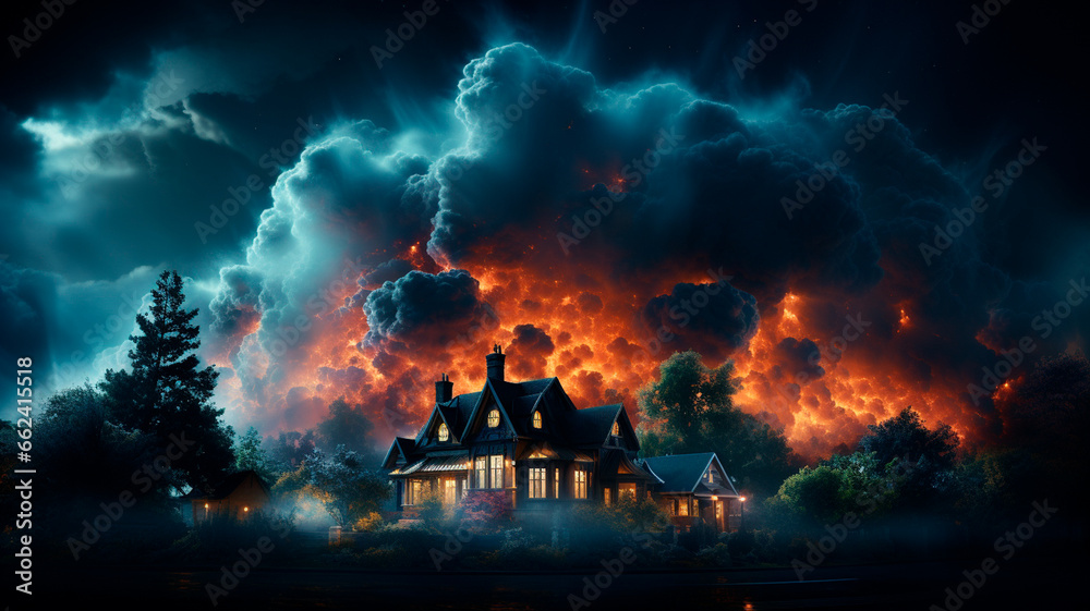 house with burning fire in the forest. halloween background. horror art.