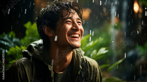 young man enjoying rain in the rain.