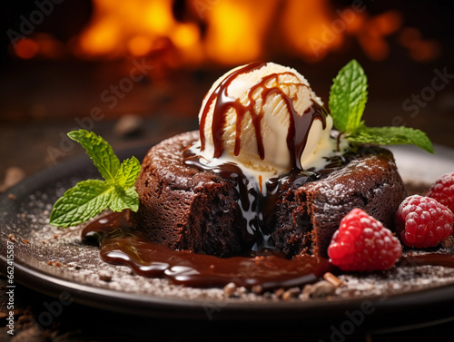 molten chocolate lava cake with a scoop of vanilla ice cream, vibrant colors, 6K, studio lighting