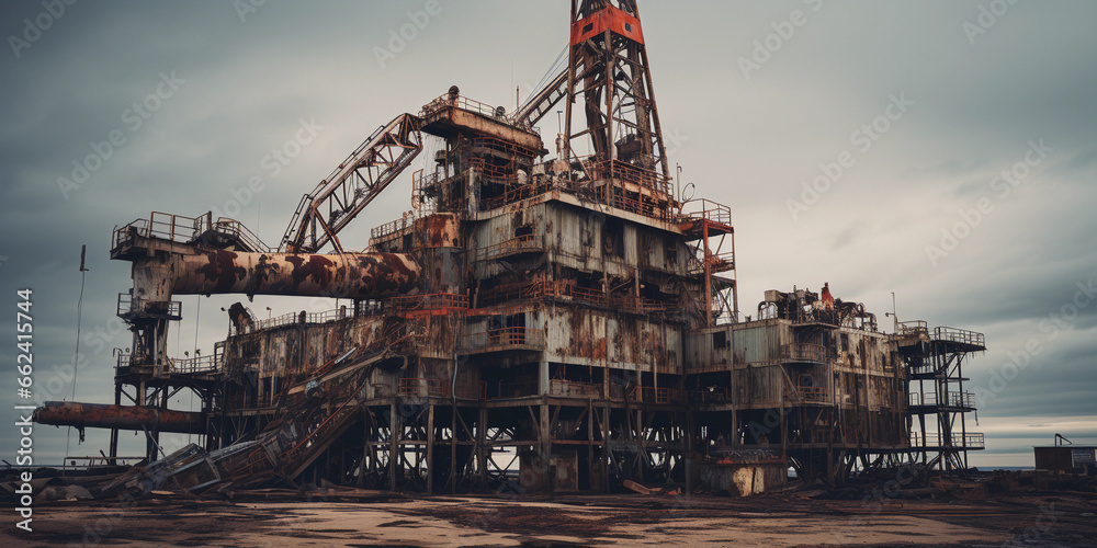 abandoned oil rig, rusty equipment, overcast sky, moody atmosphere abandoned oil rig, rusty equipment, overcast sky, moody atmosphere