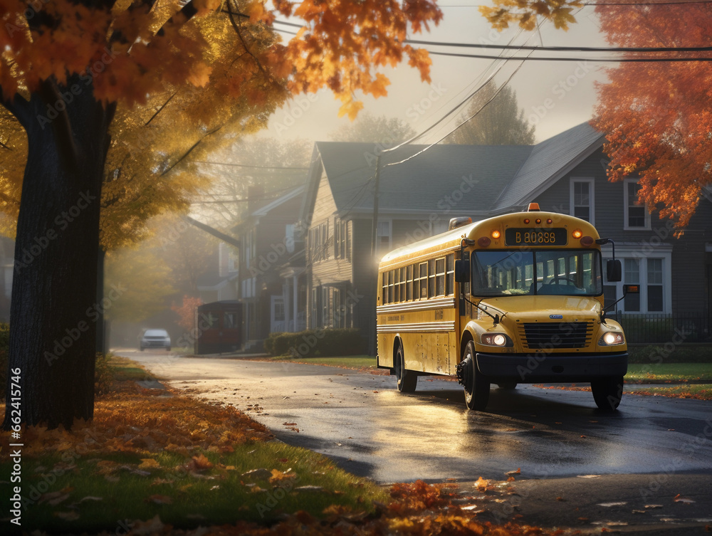 Obraz premium yellow school bus on a suburban American street, autumn leaves, children waiting, morning mist, soft light