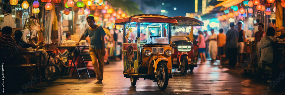 tuk - tuk in Bangkok, vibrant street life, food stalls, and neon signs, chaotic traffic, twilight