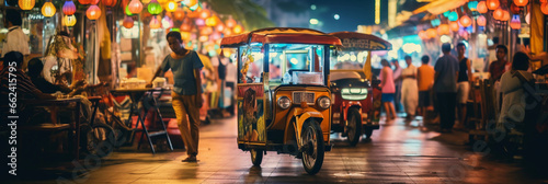 tuk - tuk in Bangkok, vibrant street life, food stalls, and neon signs, chaotic traffic, twilight photo