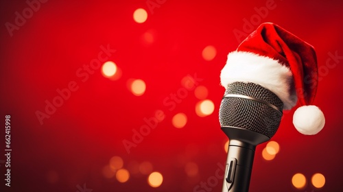 Foto santa claus hat on microphone on shiny celebration red background