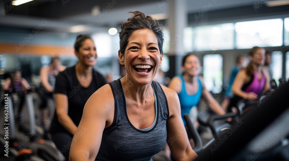 Group of women of different ages and races during cycling workout. Group fitness classes on exercise bikes. Workouts for any age. Be healthy in any age. Photo against a bright, gym studio background. Group of women of different ages and races during cycling workout. Group fitness classes on exercise bikes. Workouts for any age. Be healthy in any age. Photo against a bright, gym studio background.