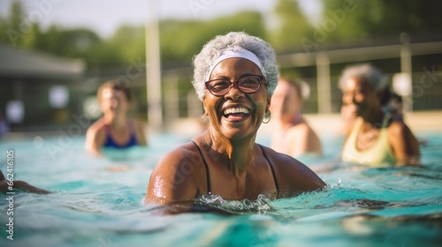 seniors doing water exercises, Group of elder women at aqua gym session, joyful group of friends having aqua class in swimming pool. © JW Studio