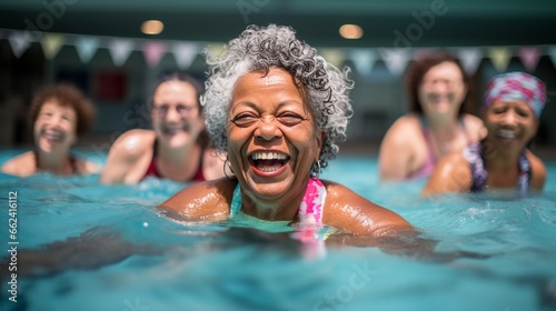 seniors doing water exercises, Group of elder women at aqua gym session, joyful group of friends having aqua class in swimming pool. © JW Studio