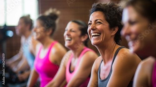 Group of women of different ages and races during cycling workout. Group fitness classes on exercise bikes. Workouts for any age. Be healthy in any age. Photo against a bright, gym studio background.  © JW Studio