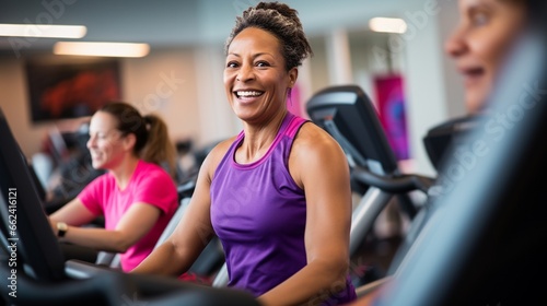 Group of women of different ages and races during cycling workout. Group fitness classes on exercise bikes. Workouts for any age. Be healthy in any age. Photo against a bright, gym studio background. 