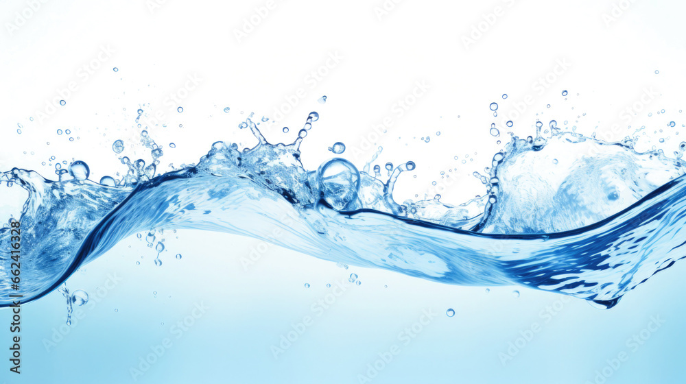 Water splashes and drops isolated on white background. Abstract background with blue water wave