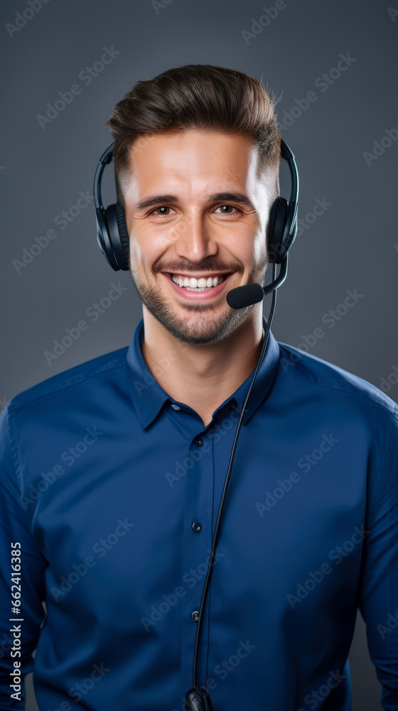 Male businessman working in the call center with headset, a smiling call center agent wearing a headset