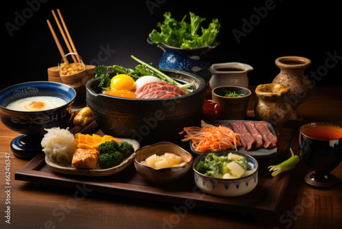 Traditional Japanese breakfast. Different Asian dishes on table © Lazy_Bear