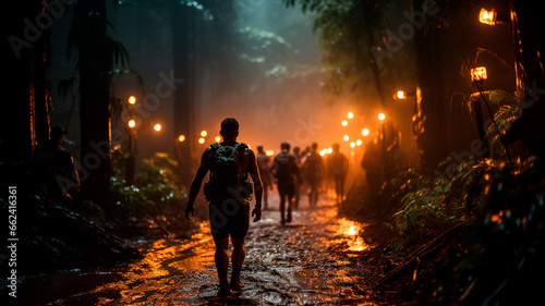 silhouette of two men and women with a backpack walking in forest