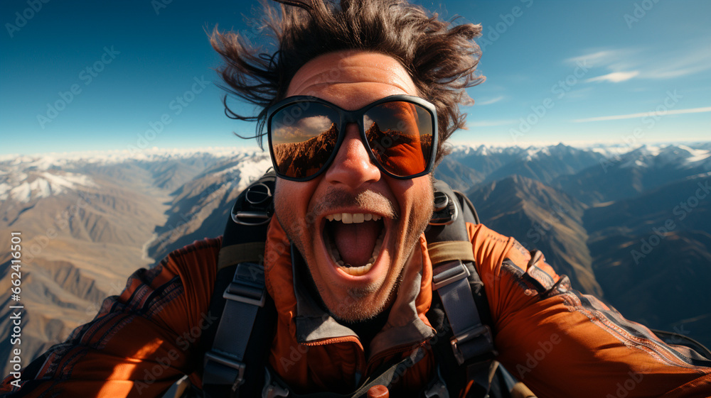 happy tourist man with glasses taking selfie in the mountains