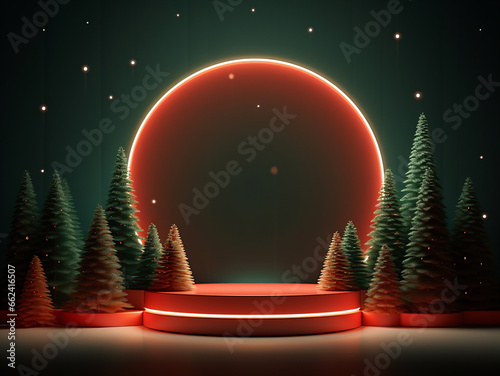 Podium for show product with Christmas tree and moon. 3d illustration. Mockup of Christmas winter scene. Generative AI.