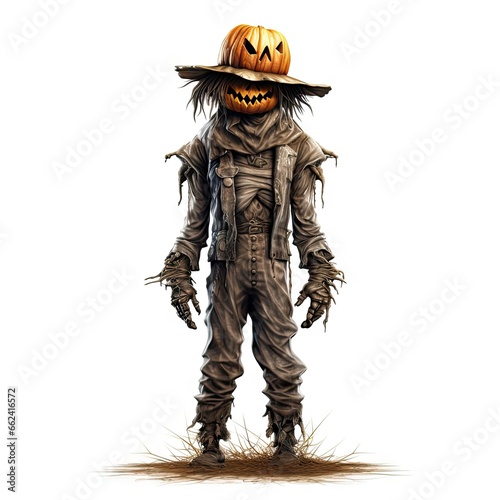 Scarecrow and Halloween pumpkin. Created by AI photo