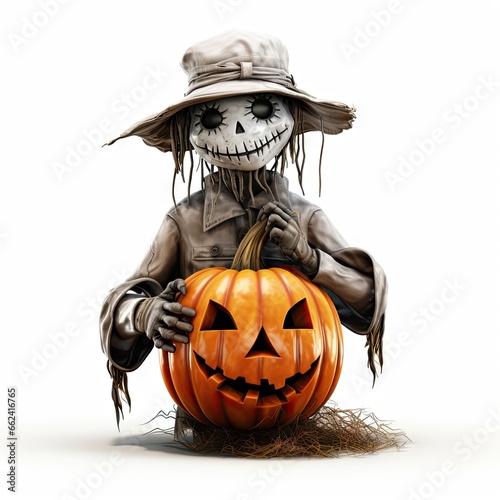 Scarecrow and Halloween pumpkin. Created by AI photo