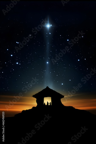Fotografia Christmas background nativity scene: a bright star shines in the holy night sky