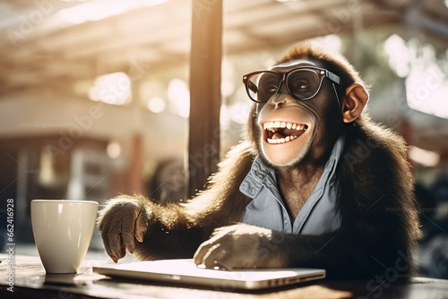 A laughing chimpanzee with glasses is sitting at a table with a laptop and a cup indoors. Humor, joke
