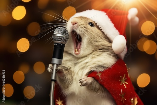 A small animal in Santa Claus clothes sings into a microphone on a Christmas, festive background. photo