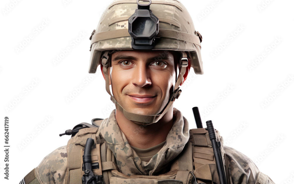 Closeup of a Joyful Soldier on a Clear Surface or PNG Transparent Background.