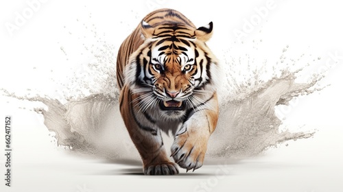 Wild tiger animal walking isolated white background. AI generated image photo