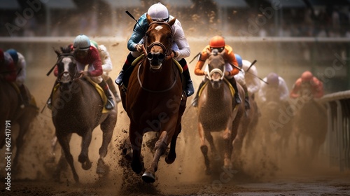 Horse racing scene, concept of speed, sport and gambling.