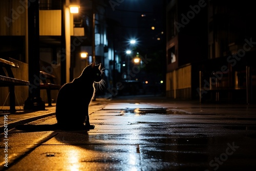 Lonely stray cat sitting orange lighted street at night.