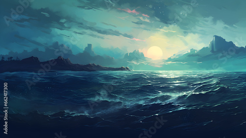 Night sky with full moon over deep blue ocean sea water painted background