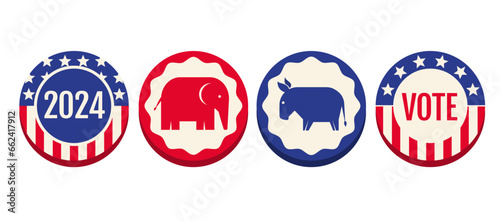 Vector vintage banners for 2024 presidential election in USA. Election 2024. Vote 2024. American pins. Donkey and elephant.