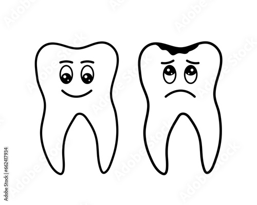 Happy healthy tooth and sad tooth with caries. Doodle sketch style. Mouth cleaning, healthcare oral hygiene concept. Isolated vector illustration for dental clinic services, stomatology, dentistry. 