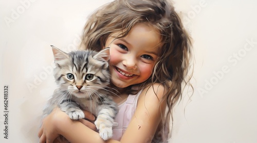 Little girl embracing a funny cat. AI generated image