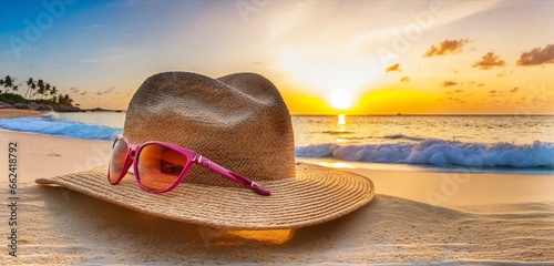 Sun Hat, Tote, and Sunglasses on an Exotic Beach