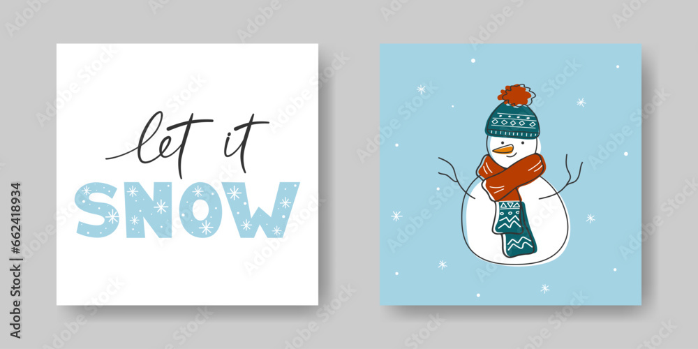 Christmas cute snowman with hat and scarf in doodle style. Let it snow hand lettering decorative inscription. Winter holiday card set. Snowy seasonal background