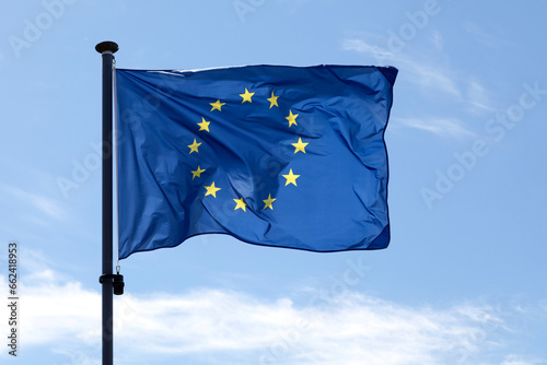 Flag of European Union waving atop of its pole