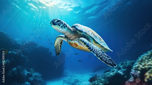 Turtle cruising clean blue sea. AI generated image