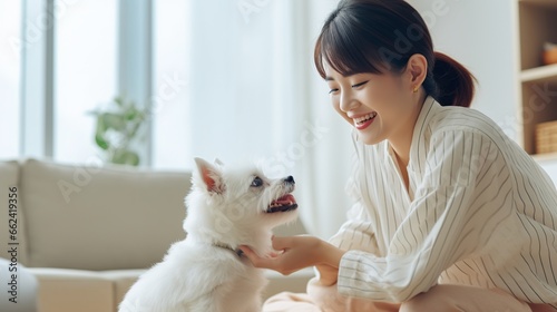 Photographie Asian women playing with funny dog. AI generated image