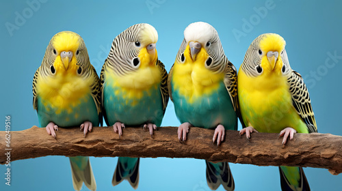 Close-up of four cute tame budgies sitting side by side.
