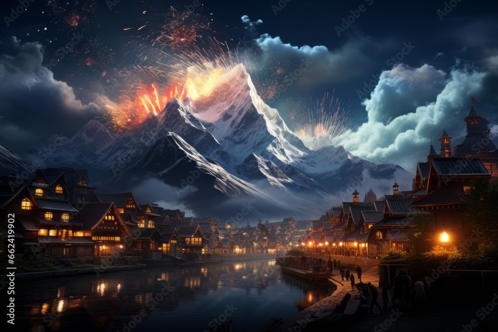 New Year Fireworks and mountains New Year Fireworks and mountains