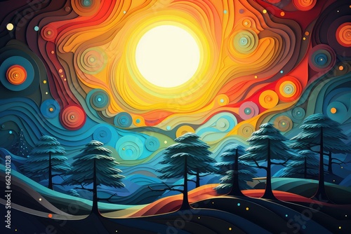  a fantasy landscape with pine trees and sun in the sky. Abstract background for Winter Solstice. 